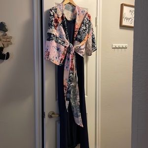 Navy Maxi dress with floral tie kimono - Size Large